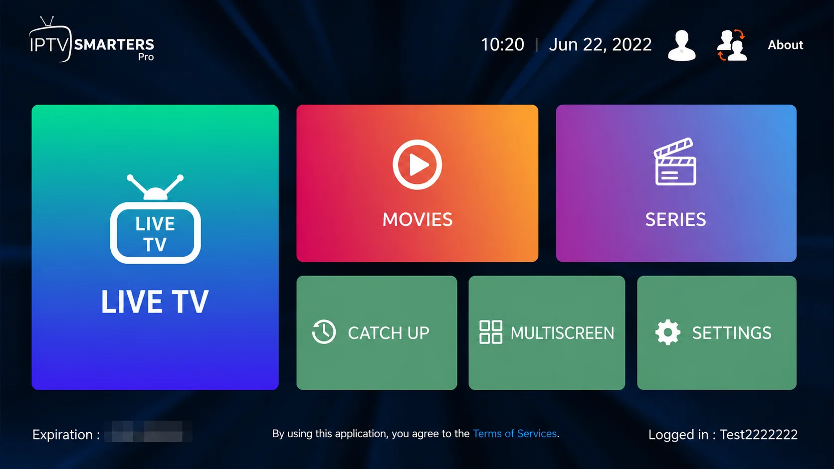 IPTV Smarters Pro home screen with Live TV, Movies and Series