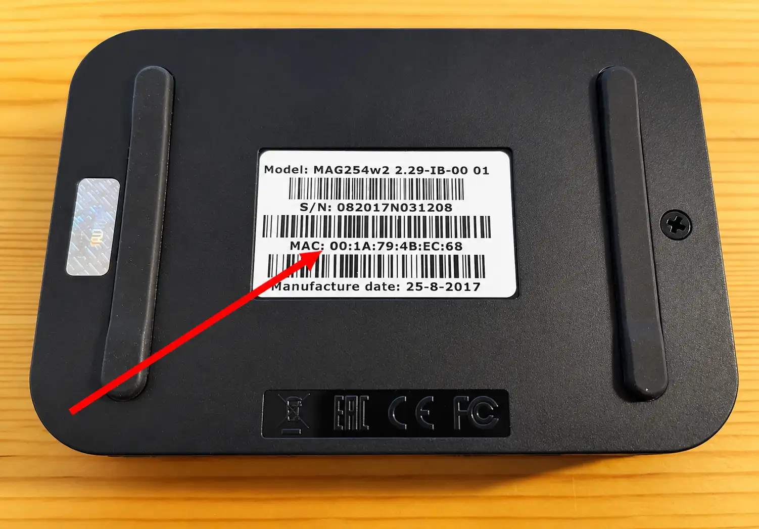 MAC address on the label under a MAG 254 box