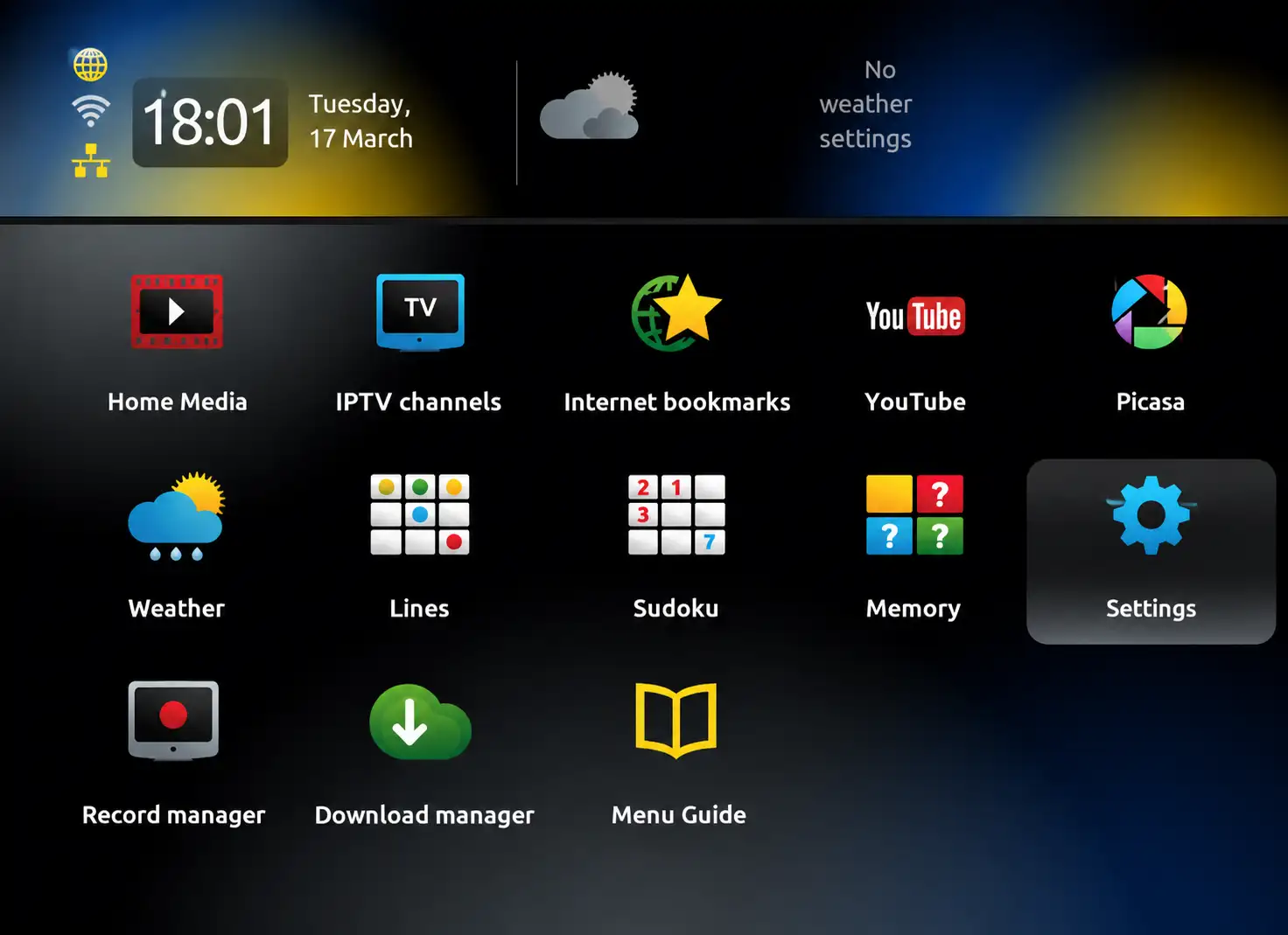 MAG box home screen with the Settings icon selected