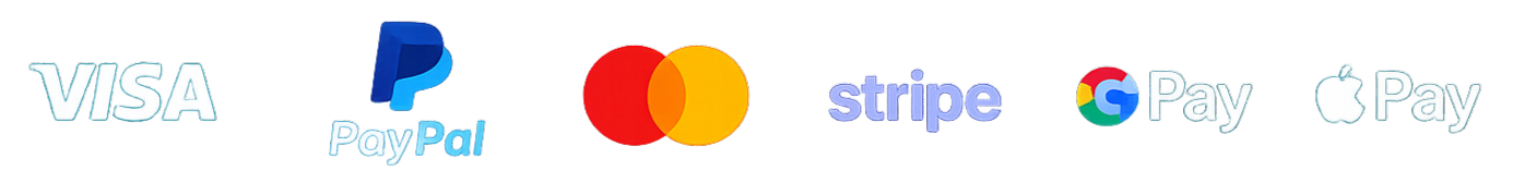 Accepted payment methods: Visa, PayPal, Mastercard, Stripe, Google Pay, Apple Pay