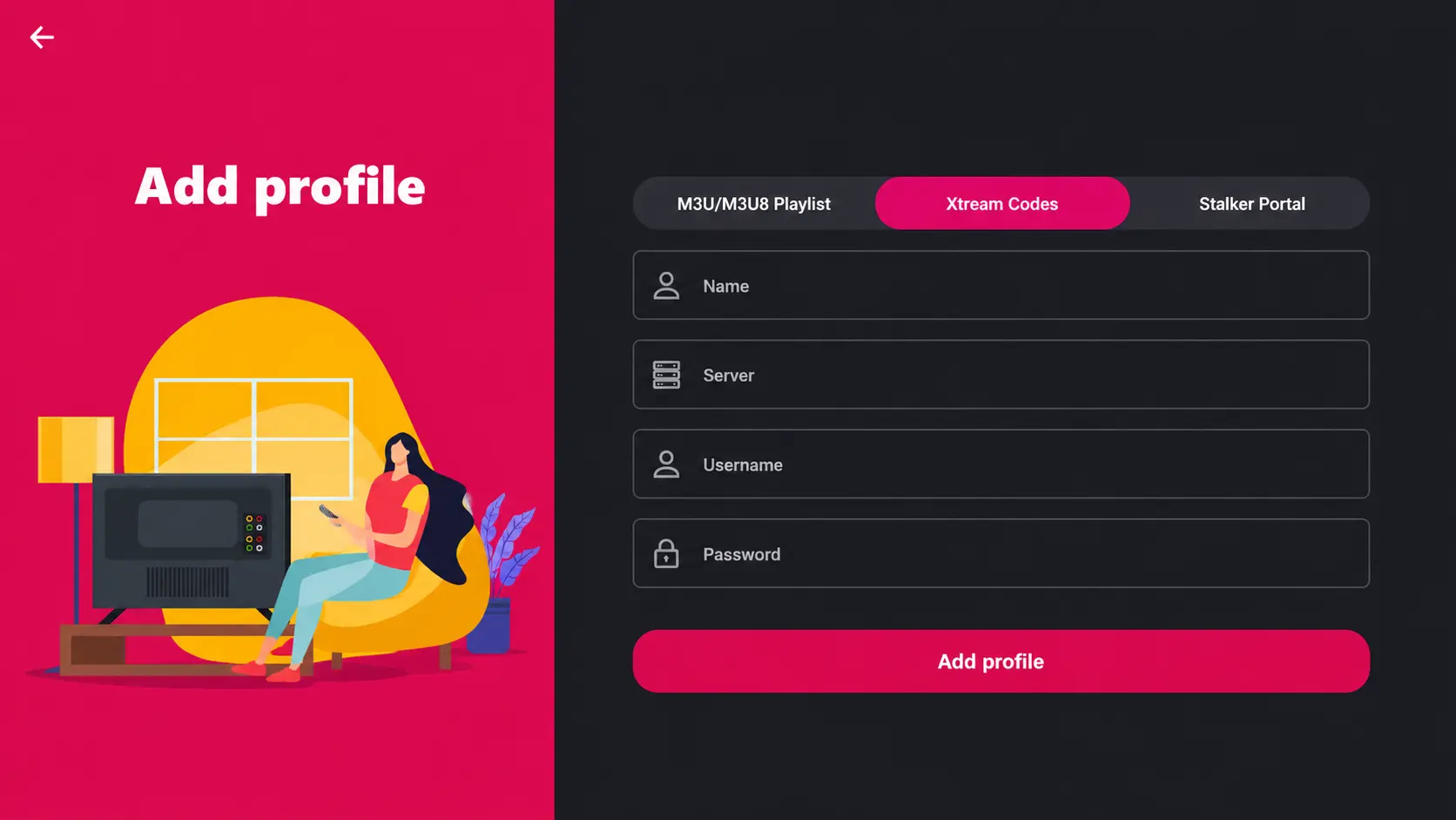 Add profile screen with the Xtream Codes tab selected